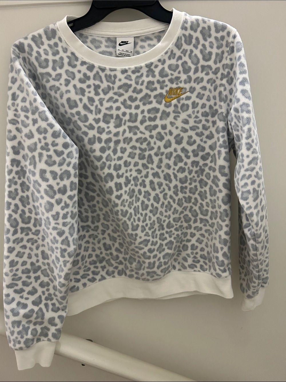 Nike White & Light Gray Leopard Print Crewneck with Gold Logo